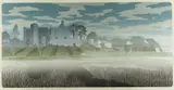 Laugharne Castle & Dylan Thomas's Boathouse by Bernard Green limited edition, 1990, linocut, sold Jul 2021