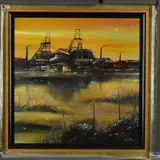 an industrial landscape of winding gear at the a coal mine, by Adam Millen, acrylic on board, sold Apr 2019