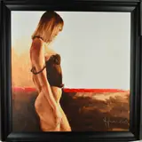 'Inna', a three quarter length portrait of a female figure by Igor Shulman, 2008, acrylic on board, sold Apr 2019