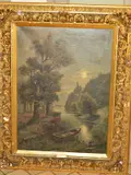 Moonlit landscape, wooden boat moored to the foreground with castle ruins on hill top to the distance by H. Kolbe, oil on canvas, sold Apr 2019