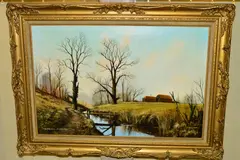 fields and scrubland separated by a stream, signed bottom left, oil by Michael Morris, oil on canvas, sold Apr 2019