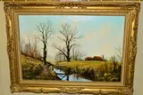 fields and scrubland separated by a stream, signed bottom left, oil by Michael Morris, oil on canvas, sold Apr 2019