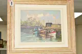 'Honfleur-outer Harbour', fishing boats berthed in harbour with by Andrew King R.o.i. N.s, oil on board, sold Apr 2019
