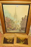 a continental street scene of half timbered houses with a church in the background, loosley framed by Paul Braddon, watercolour, sold Apr 2019