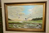 Hayle Estuary' sea birds in a Cornish coastal landscape by Clair Ayling, oil on canvas, sold Mar 2019