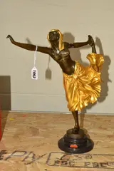 an art deco bronze sculpture of a female dancer in costume, partially gilded by Claire Jeanne Roberte Colinet, bronze, sold Mar 2019