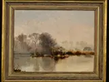 Misty Winter landscape with expanse of water to the foreground, woodland to the distance by Alfred de Breanski Snr, oil on panel, sold Mar 2019