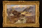 Mountainous landscape with fast flowing river, white washed cottages to the left hand bank with steps leading to the water's edge by Clement Morris, oil on canvas, sold Mar 2019