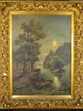 Moonlit landscape, wooden boat moored to the foreground with castle ruins on hill top to the distance by H. Kolbe, oil on canvas, sold Mar 2019