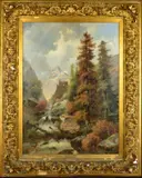 Continental river landscape with hill top castle outlined against snow capped mountains by H. Kolbe, oil on canvas, sold Mar 2019