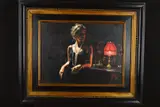 'Marina in Red Light', a woman wearing a black dress, standing at a by Fabian Perez, acrylic on canvas, sold Mar 2019