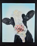 'Bluebelle', a quirky portrait of a cow, oil on canvas, signed bottom by Carol Gillan, oil on canvas, sold Mar 2019