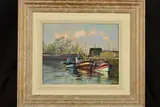 'Honfleur-outer Harbour', fishing boats berthed in harbour with by Andrew King R.o.i. N.s, oil on board, sold Mar 2019