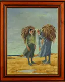 'Seaweed Gatherers', two female figures with bales of seaweed on by Bernard Byrne, 1963, oil on canvas, sold Mar 2019