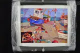 On the beach at albough by Sally Anne Fitter, mixed media on board, sold Mar 2019