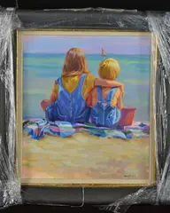 Boat watching' two children sitting on a beach by Lucelle Raad, oil on board, sold Mar 2019