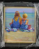 Boat watching' two children sitting on a beach by Lucelle Raad, oil on board, sold Mar 2019