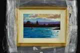 SUMMER SILHOUETTES' a view across a body of water by Timmy Mallett, acrylic on board, sold Mar 2019