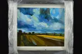 FIELDS OF WONDER II' a landscape view across golden fields under a blue sky by Rob Newton, acrylic on canvas, sold Mar 2019
