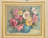 ROSES' a still life study of a vase full of roses by Angela Stones, oil, sold Mar 2019