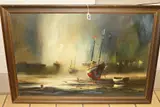 a Maritime scene of boats in a harbour at low tide, signed lower left by John Bampfield, oil, sold Mar 2019