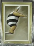 a lady in a bathing costume, preparing to dive into a pool, signed by Ian Rawling 'diving Belle', acrylic on canvas, sold Feb 2019