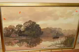 'Moulsford Ferry-Evening', a boat crossing the river Thames with a barge by Harry Baker, watercolour, sold Feb 2019
