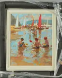 a limited edition hand embellished print on board 13/195, children playing on a beach by Dianne Flyn 'waters Edge', print on board, sold Feb 2019