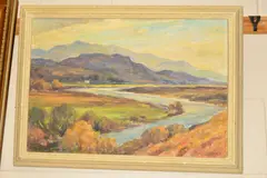 untitled, a river winding through open countryside, oil on by Owen Bowen, oil on board, sold Jan 2019
