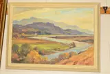 untitled, a river winding through open countryside, oil on by Owen Bowen, oil on board, sold Jan 2019