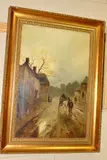 Village Street scene at dusk, with horse and cart on the rain washed road by James Walter Gozzard, oil on canvas, sold Jan 2019