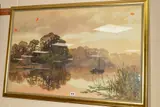 'Moulsford Ferry-Evening', a boat crossing the river Thames with a barge by Harry Baker, watercolour, sold Jan 2019