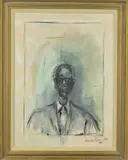 an oil on canvas painting in the style of Alberto Giacometti depicting an elder gentleman wearing a tie by John Anderson, oil on canvas, sold Jan 2019