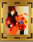 Miss' a young woman wearing a red jacket, standing next to a bunch of flowers by Joel Rougie, oil on canvas, sold Jan 2019
