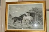a black and a white horse outside a stable with ducks to the foreground and a pig scratching against the stable by Leonard F. G. Cattermole, watercolour, sold Jan 2019