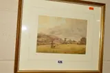 A milkmaid and dog walking through a field of sheep by James Whaite, watercolour on paper, sold Jan 2019