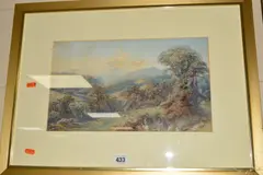 sheep grazing to the foreground of a sweeping view down a wooded valley with a distant castle by Edwin Ellis, watercolour, sold Jan 2019
