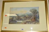 sheep grazing to the foreground of a sweeping view down a wooded valley with a distant castle by Edwin Ellis, watercolour, sold Jan 2019
