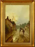Village Street scene at dusk, with horse and cart on the rain washed road by James Walter Gozzard, oil on canvas, sold Dec 2018