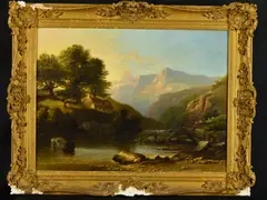 Mountainous river landscape with figures in the grounds of a thatched cottage, sheep grazing on the opposite bank by James Poole, oil, sold Dec 2018