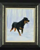'Rotweiler Pinscher', a dog in snow, oil on board, signed and by John Silver, 2002, oil on board, sold Dec 2018
