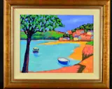 study of boats with brightly coloured houses in distant, by Richard Pargeter, oil on canvas, sold Dec 2018