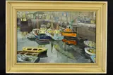 'Brixham Harbour', fishing boats at their moorings, oil on by John Wake, 1973, oil on board, sold Dec 2018