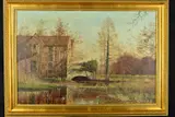 a derelict mill building with ducks on the mill stream, oil on by W.R. Jennings, oil on canvas, sold Dec 2018