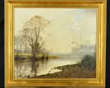 ducks flying over a river in autumn, oil on canvas, signed and by W.R. Jennings, oil on canvas, sold Dec 2018