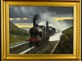 'Harwicke', depicting The London-Aberdeen Race the train is now in by Gerald Broom, oil on board, sold Dec 2018