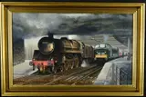 'Ayr Station 1965', Steam Train 73137 and Peak Class 45 Diesel, oil by Gerald Broom, oil on board, sold Dec 2018
