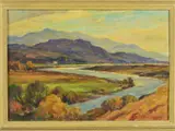 untitled, a river winding through open countryside, oil on by Owen Bowen, oil on board, sold Dec 2018