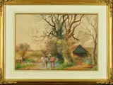 Watering in The Ford, Autumnal country scene with figure in a horse drawn cart, his other horse stopping to drink by Henry Charles Fox, 1916, watercolour, sold Dec 2018