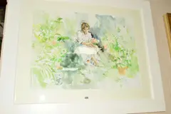 a young woman holding a bunch of flowers, watercolour, signed lower by Gordon King, watercolour, sold Nov 2018